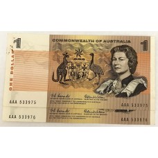 AUSTRALIA 1966 . ONE 1 DOLLAR BANKNOTES . COOMBS/WILSON . CONSECUTIVE PAIR . FIRST PREFIX